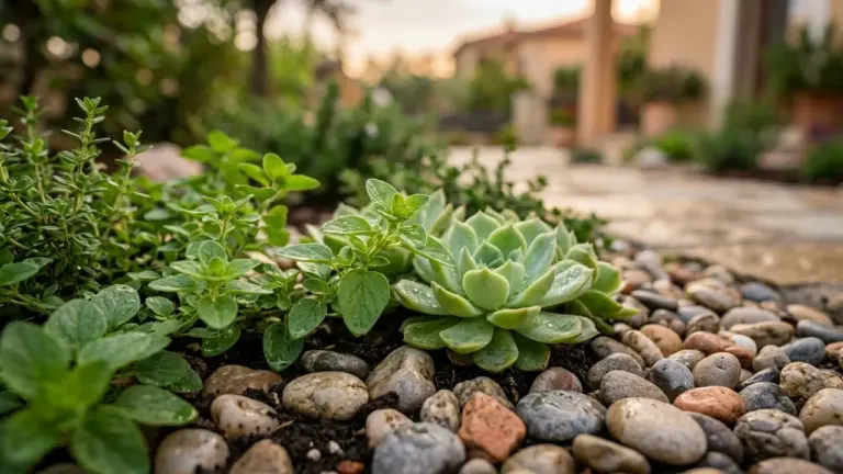 Une plante succulente entourée de fines herbes fraîches dans un jardin avec des cailloux.