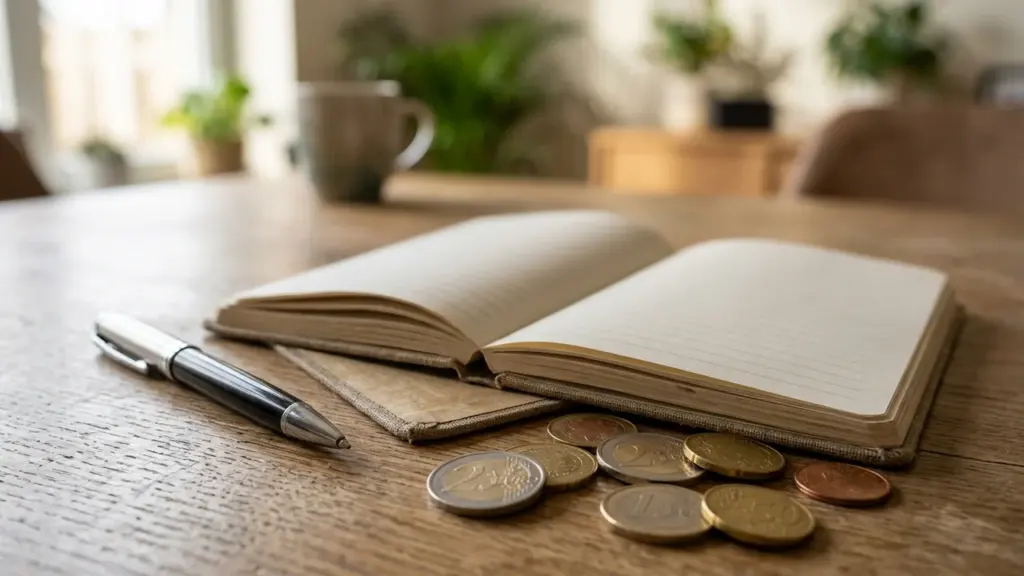 Un carnet ouvert avec un stylo et des pièces de monnaie sur une table.