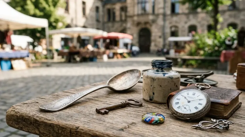 Objets anciens incluant une cuillère, une clé et une montre à gousset sur une table.
