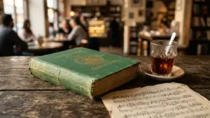 Un livre ancien à couverture verte, une tasse de thé et des partitions sur table.
