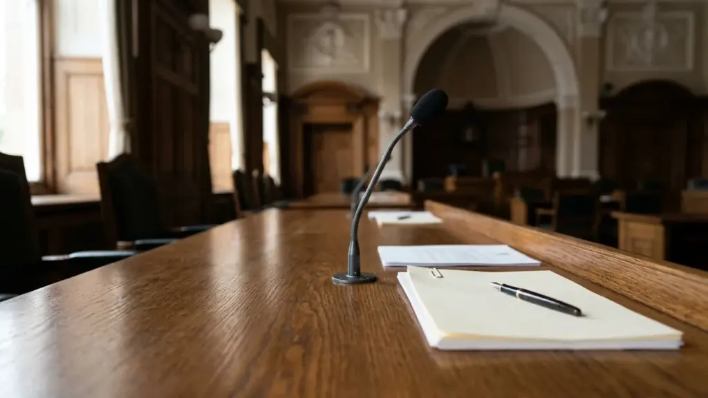 Microphone sur une table en bois dans une salle d'audience de tribunal vide.