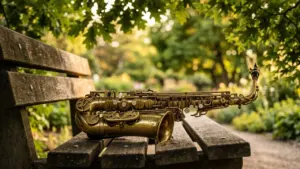 Un saxophone en laiton posé horizontalement sur un banc en bois dans un parc.