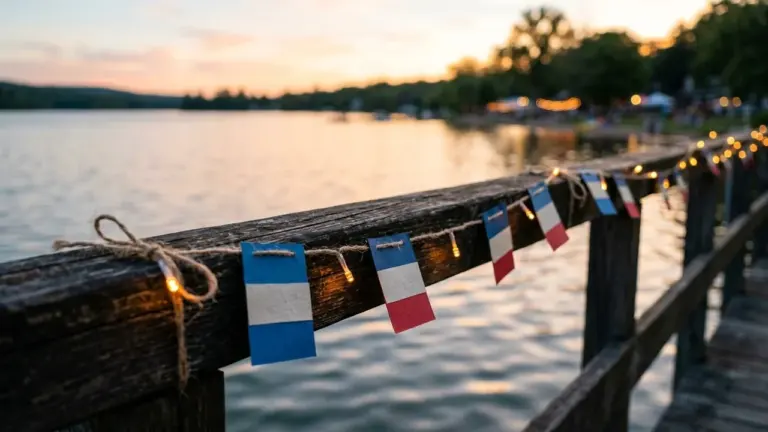 Guirlande de petits drapeaux français et lumières sur une rambarde en bois au coucher