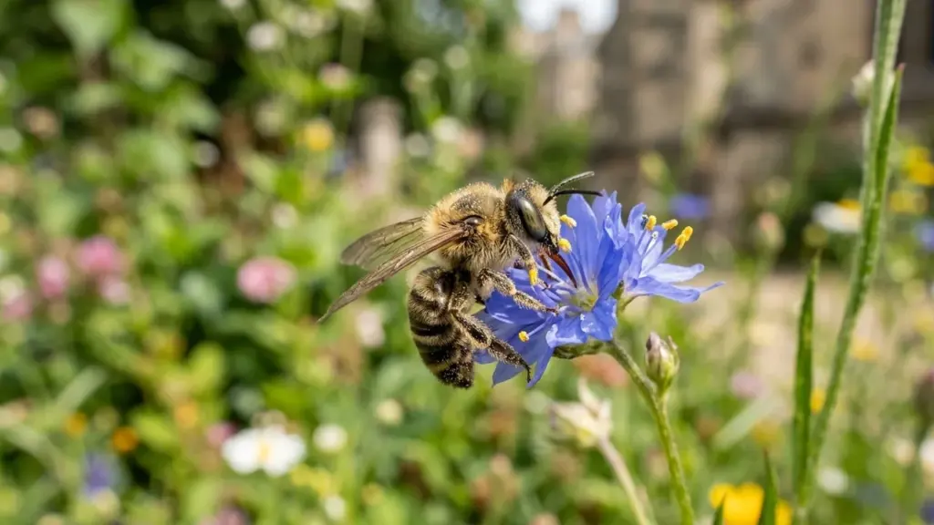 Une abeille velue butine une fleur bleue éclatante dans un jardin verdoyant et fleuri.