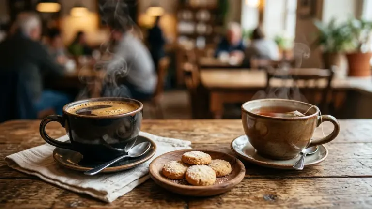 Deux tasses fumantes de café et de thé avec des biscuits sur table rustique.