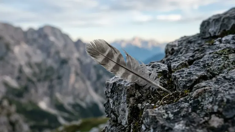 Une plume d'oiseau rayée posée sur un rocher escarpé avec des montagnes en arrière-plan.