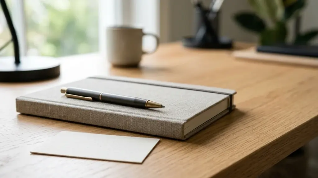 Un carnet gris avec un stylo posé sur un bureau en bois clair épuré.