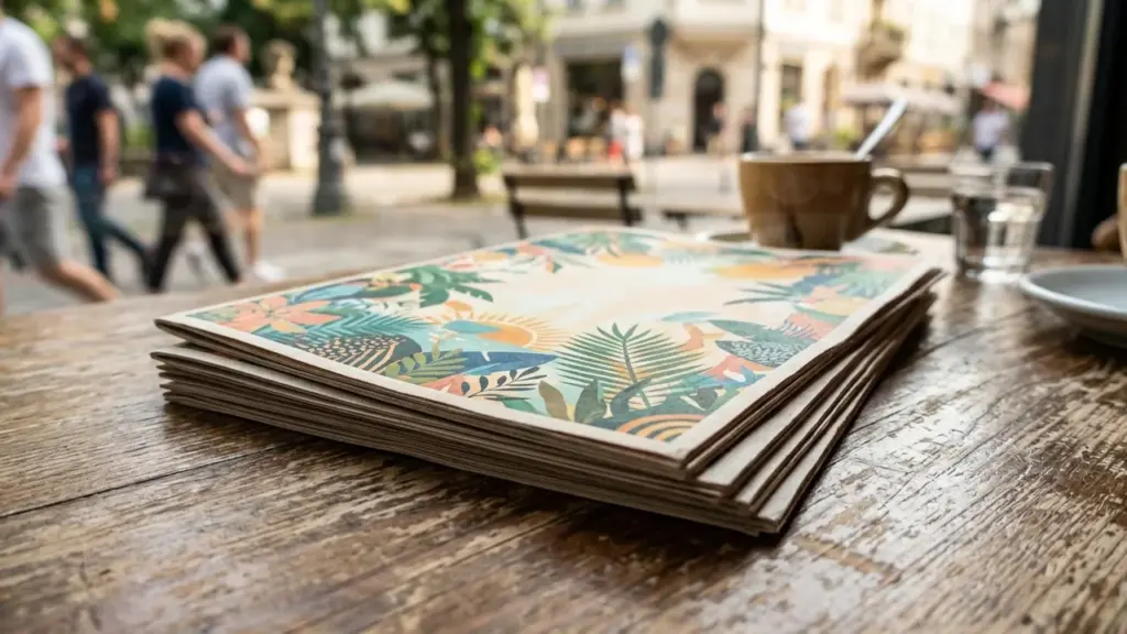 Une pile de menus illustrés avec des motifs tropicaux posée sur une table en bois.