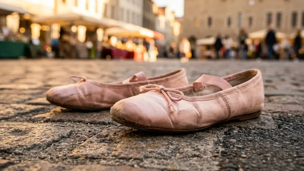 Une paire de chaussons de danse roses usés posés sur un pavé ancien.