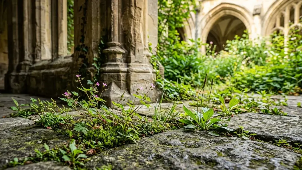 Petites fleurs roses et herbes poussant entre les anciennes dalles de pierre d'un cloître.