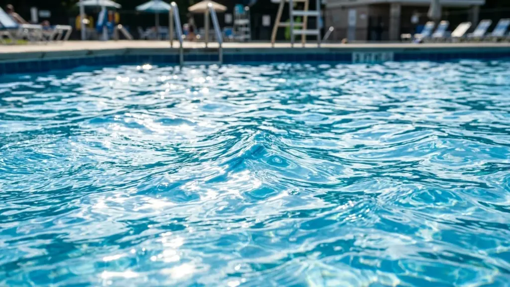 Gros plan sur l'eau bleue scintillante d'une piscine extérieure avec une terrasse floue derrière.