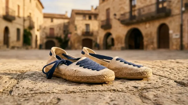 Une paire d'espadrilles en toile beige avec des lacets bleus sur un pavé ancien.