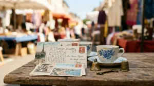 Une tasse de thé ancienne posée sur une table en bois avec des cartes postales.