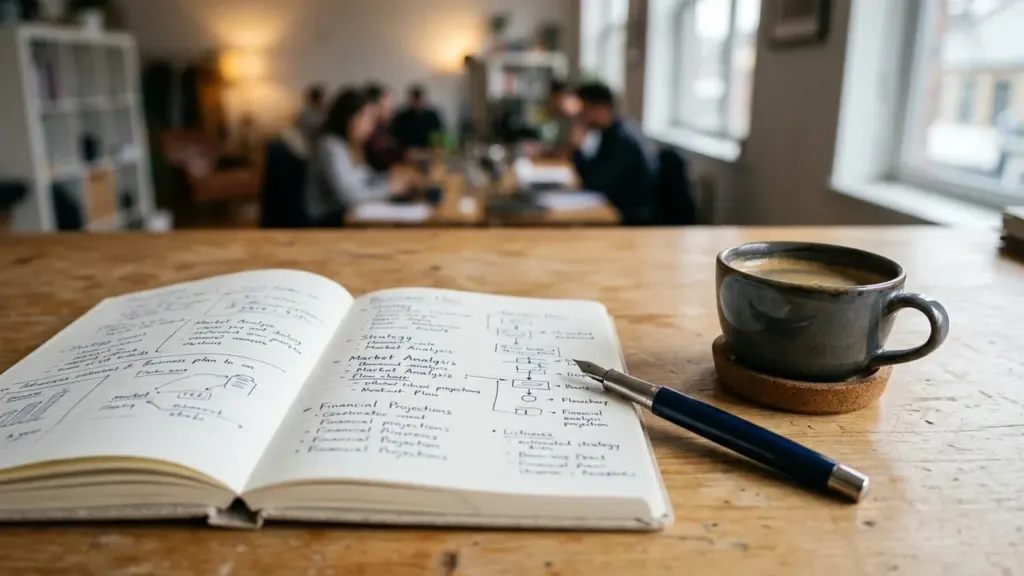 Un carnet ouvert avec des notes manuscrites et un stylo sur une table en bois.
