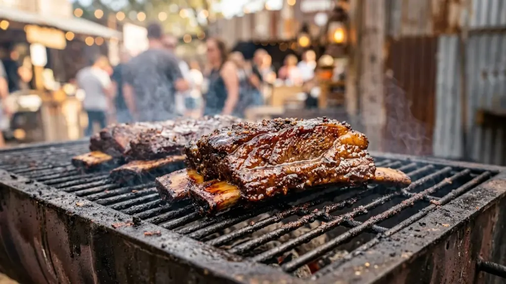 Des côtes de bœuf fumantes grillent sur un barbecue en extérieur lors d'un événement.