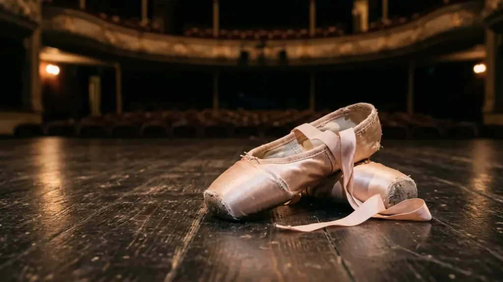 Une paire de chaussons de danse usés posés sur la scène d'un vieux théâtre.