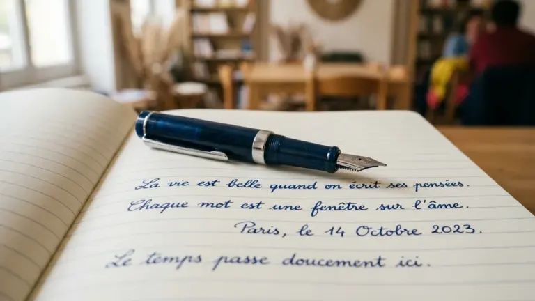 Un stylo plume bleu est posé sur un carnet avec des phrases manuscrites en français.