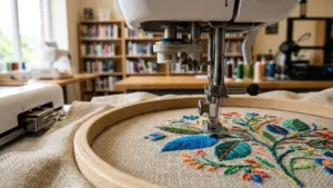 Gros plan sur une machine à broder numérique travaillant un motif floral coloré sur toile.