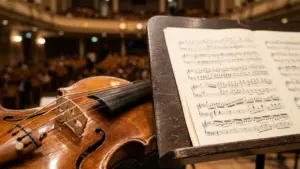 Gros plan sur un violon en bois devant une partition musicale dans une salle.