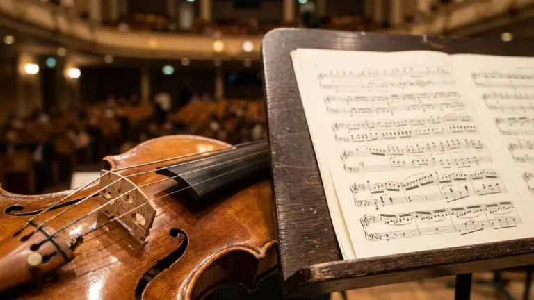 Gros plan sur un violon en bois devant une partition musicale dans une salle.