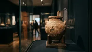 Un vase en terre cuite ancien exposé dans une vitrine de musée sombre.