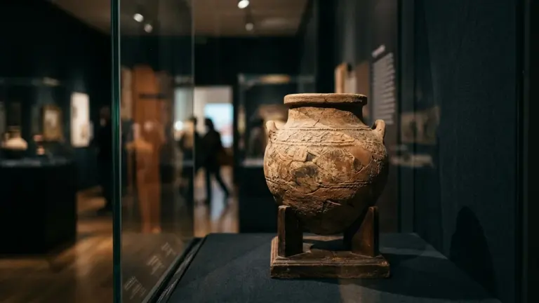 Un vase en terre cuite ancien exposé dans une vitrine de musée sombre.
