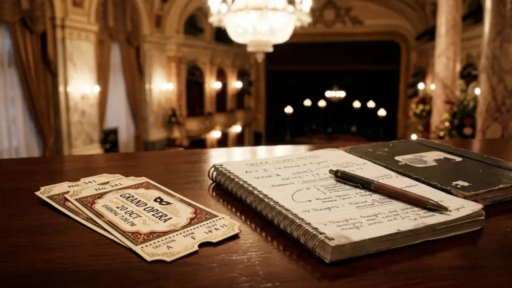 Billet d'opéra et carnet de notes posés sur une table devant une salle somptueuse.