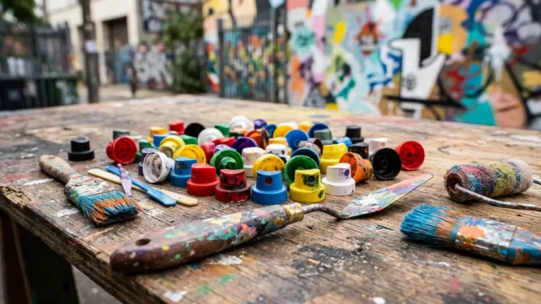 De nombreux embouts de bombes aérosols colorés et des pinceaux posés sur une table en bois.