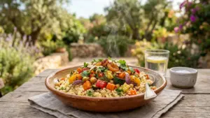 Un bol de couscous fumant aux légumes rôtis et pois chiches sur une table extérieure.