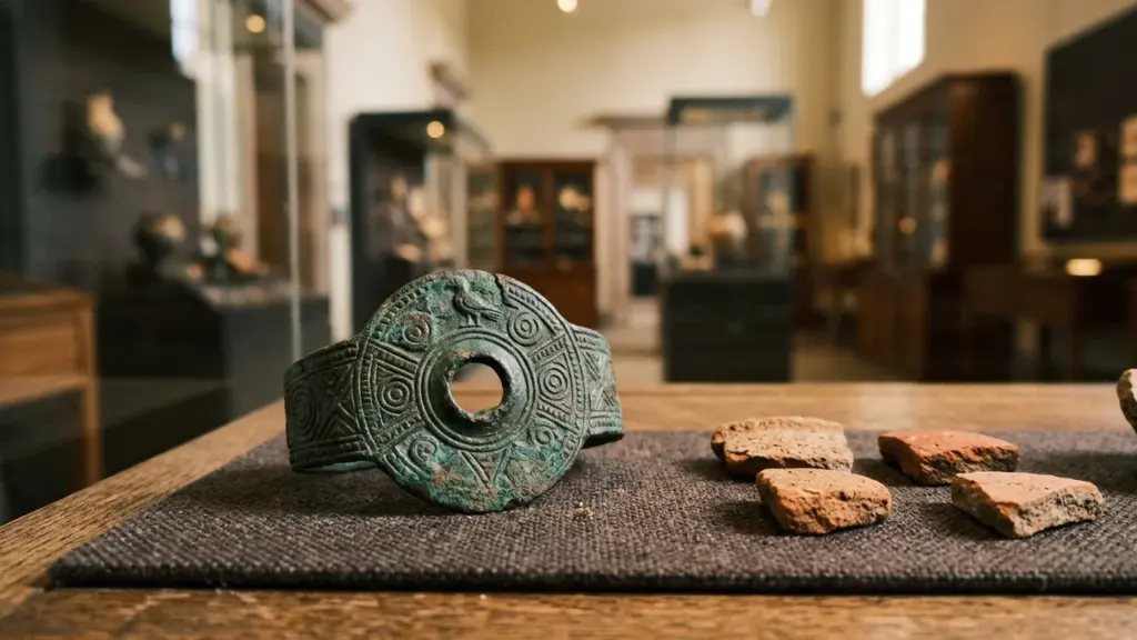 Un bracelet en bronze ancien gravé reposant sur une table dans un musée historique.