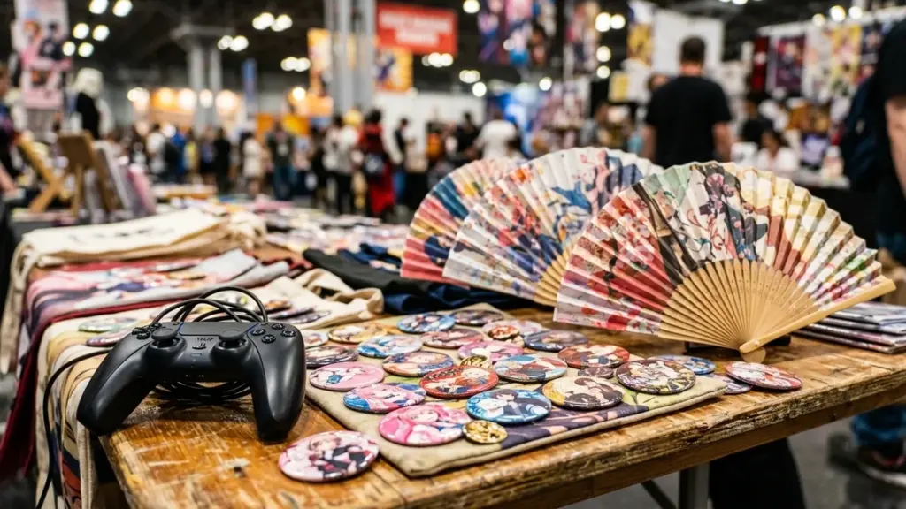 Une manette de jeu et des badges illustrés sur une table lors d'un salon.