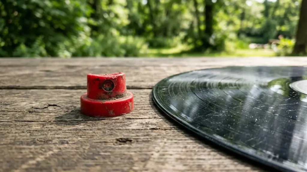 Un embout de bombe de peinture rouge posé sur une table en bois vieillie.