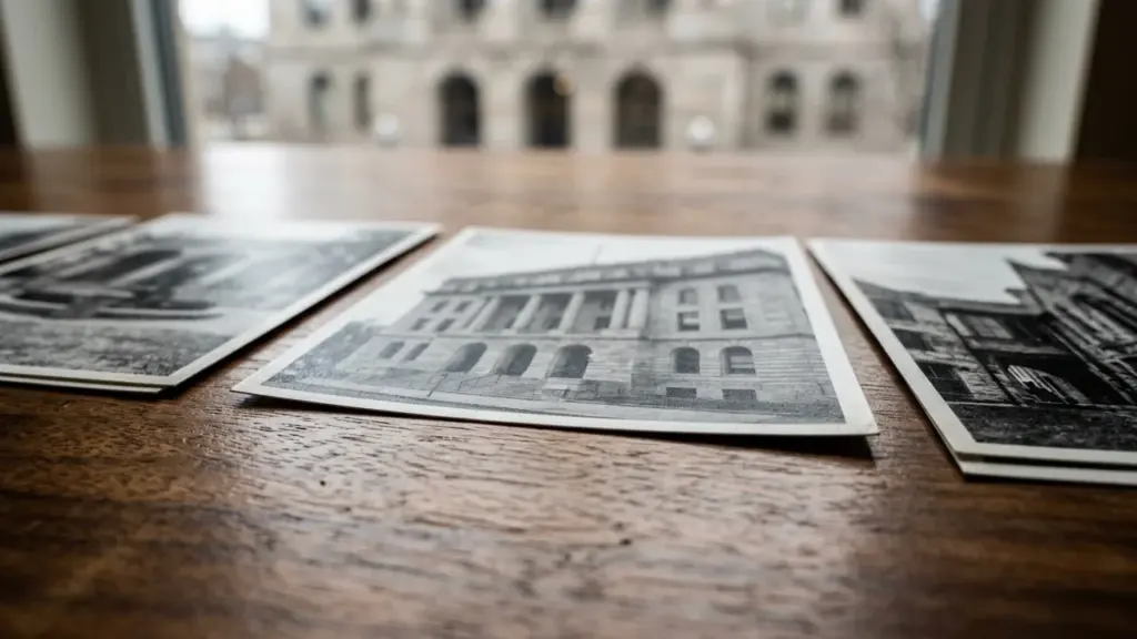 Trois photographies en noir et blanc représentant des bâtiments historiques posées sur une table.