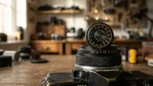 Un objectif d'appareil photo vintage posé sur un bureau dans un atelier flou.