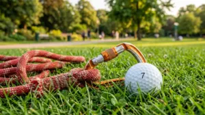 Un mousqueton orange attaché à une corde rouge posé sur l'herbe près d'une balle
