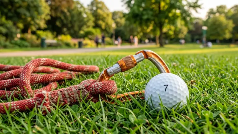 Un mousqueton orange attaché à une corde rouge posé sur l'herbe près d'une balle
