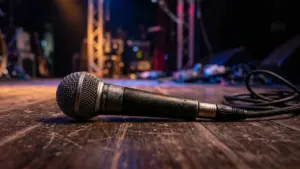 Un microphone noir posé sur la scène en bois d'une salle de concert vide.