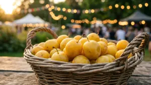 Un panier en osier rempli de prunes jaunes fraîches sur une table en bois.