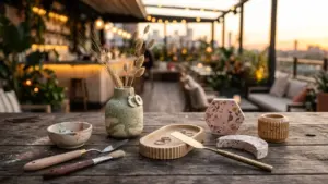 Objets décoratifs artisanaux en céramique et terrazzo disposés sur une table en bois extérieure.