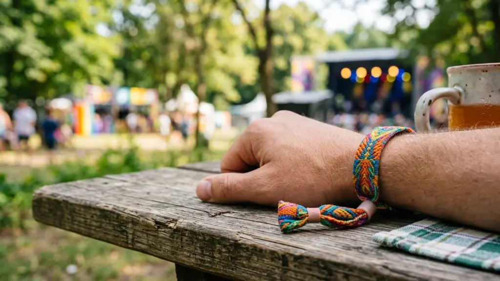Une main portant un bracelet en tissu coloré posée sur une table en bois.