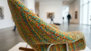 Un fauteuil design au tissu multicolore texturé dans une galerie d'art moderne floue.