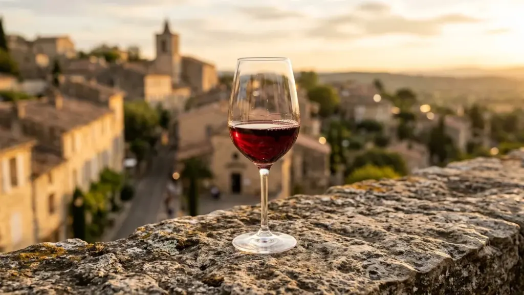 Un verre de vin rouge posé sur un muret en pierre surplombant un village provençal.