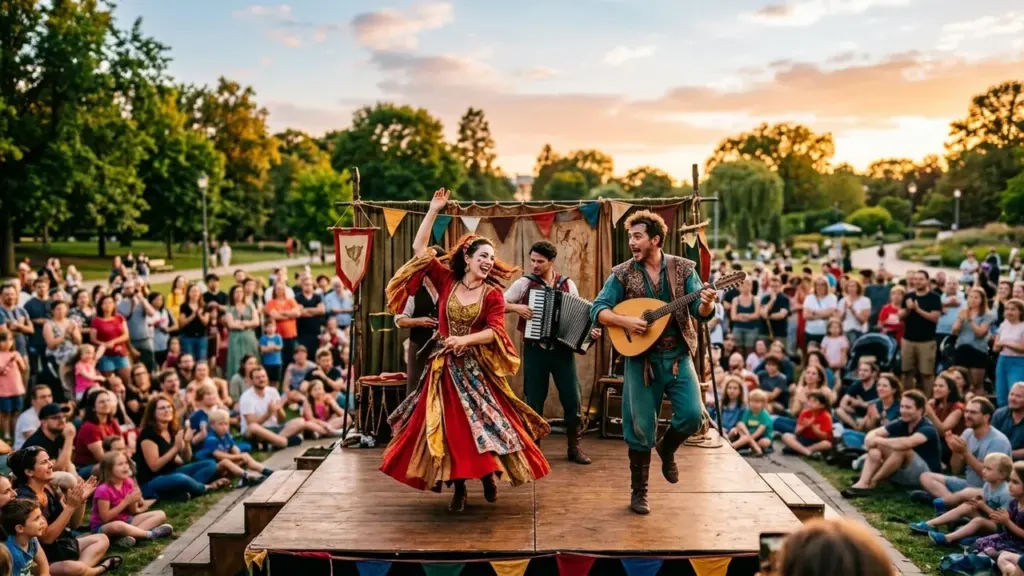Trois musiciens en costumes médiévaux dansent et jouent sur une scène devant une foule.