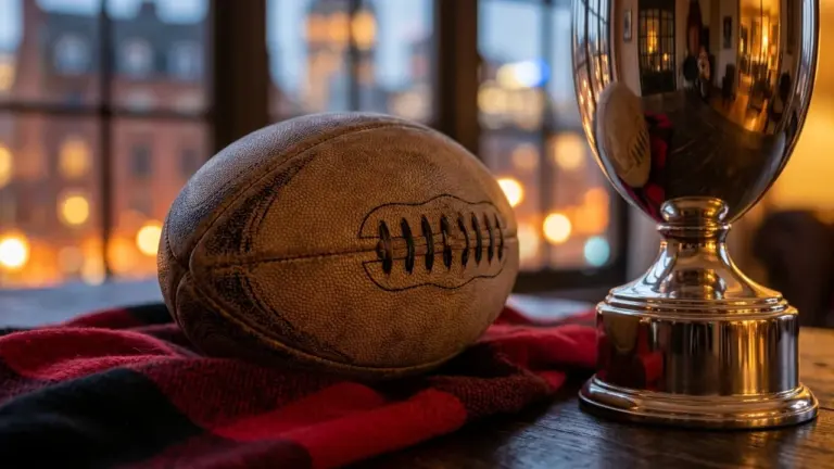 Un ballon de football américain posé sur une étoffe rouge à carreaux près d'un trophée.