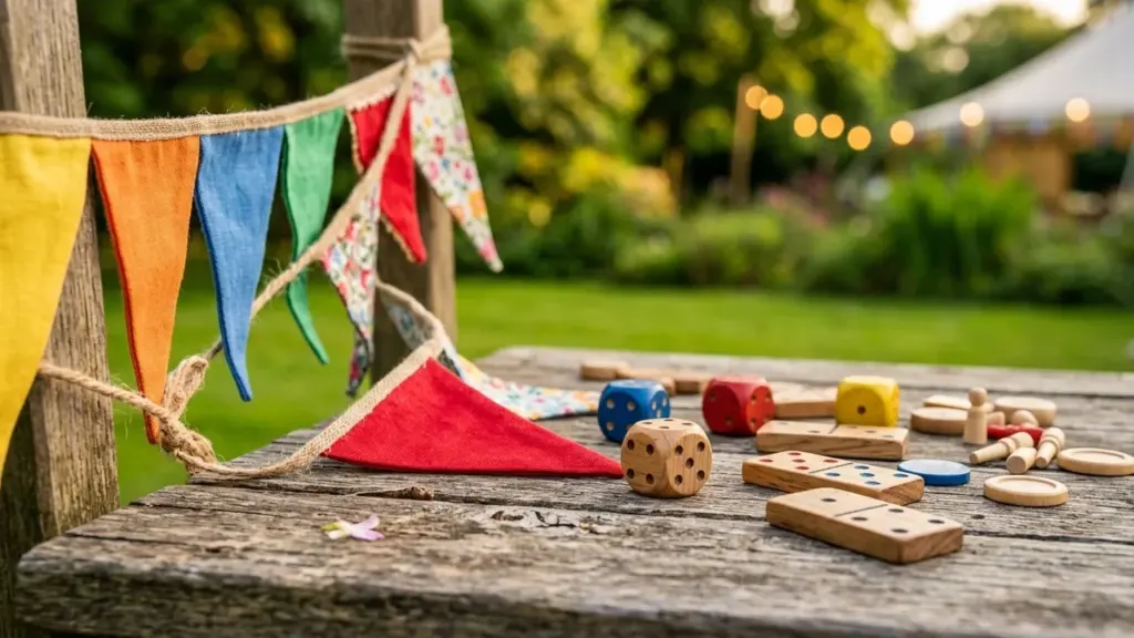 Des jeux de société en bois posés sur une table rustique avec des fanions colorés.