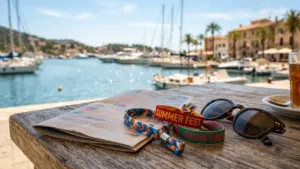 Journal, bracelets, et lunettes de soleil posés sur une table devant un port méditerranéen.