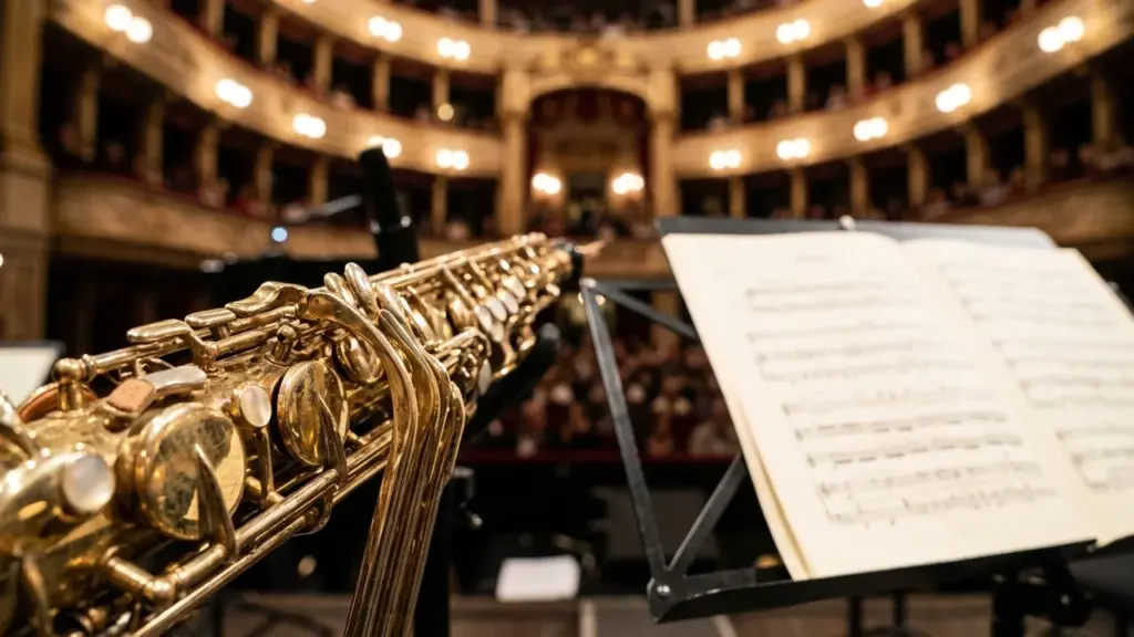 Gros plan sur un saxophone doré et une partition posée sur un pupitre d'orchestre.