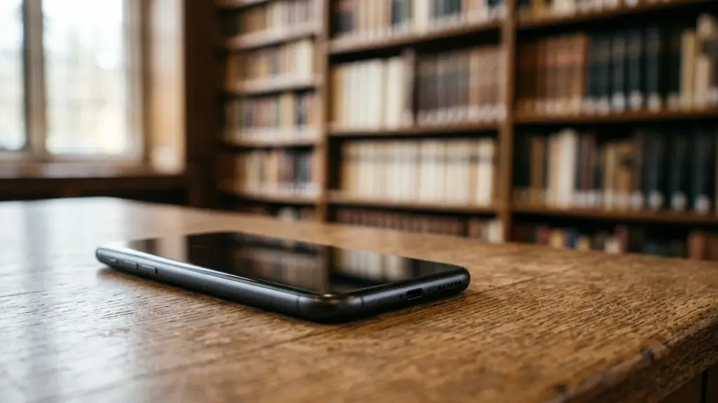 Un smartphone noir posé sur une table en bois dans une bibliothèque traditionnelle.