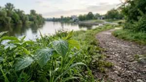 Feuilles vertes couvertes de gouttelettes de rosée près d'un sentier longeant une rivière calme.