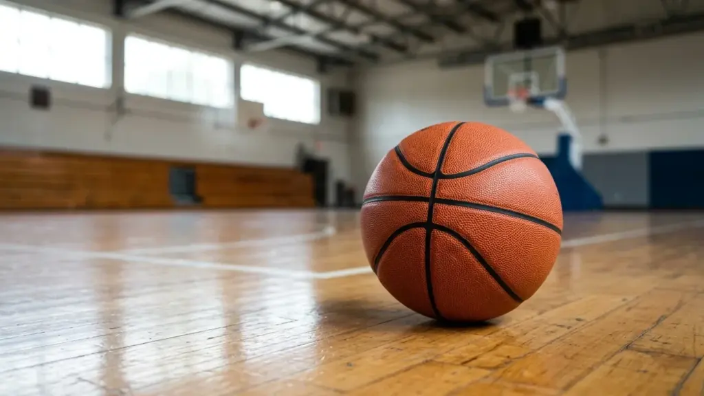 Un ballon de basket orange est posé sur le parquet d'un gymnase intérieur vide.
